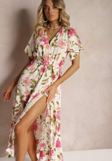 Beżowo-Różowa Kopertowa Rozkloszowana Sukienka z Falbaną i Gumką w Pasie Przewiązana Paskiem Iratia