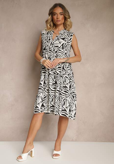 Czarna Rozkloszowana Sukienka z Bawełny w Geometryczny Wzór Annilessa