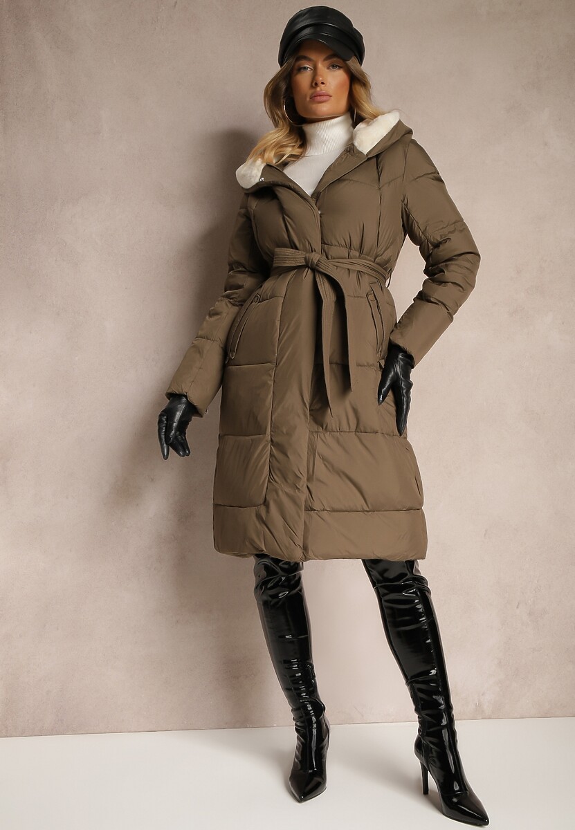 Czarna Długa Kurtka Pikowana z Kapturem Wiązana w Pasie Neanethra