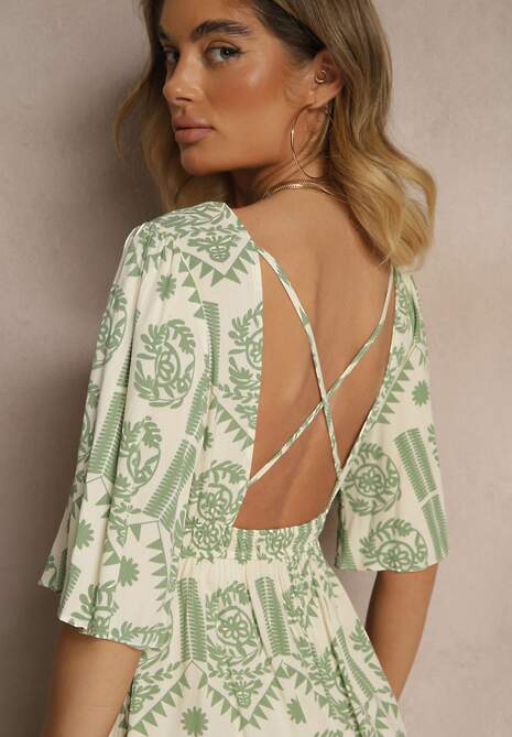 Zielono-Kremowa Sukienka Boho Rozkloszowana z Wiskozy z Odkrytymi Plecami Tuvria