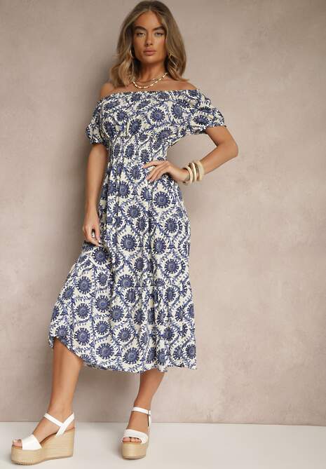 Niebieska Sukienka z Bawełną Ozdobiona Bufiastymi Rękawami Revalle