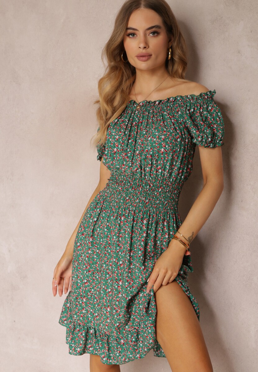 Zielona Bawełniana Sukienka z Gumką w Talii o Fasonie Hiszpanki Jazmi