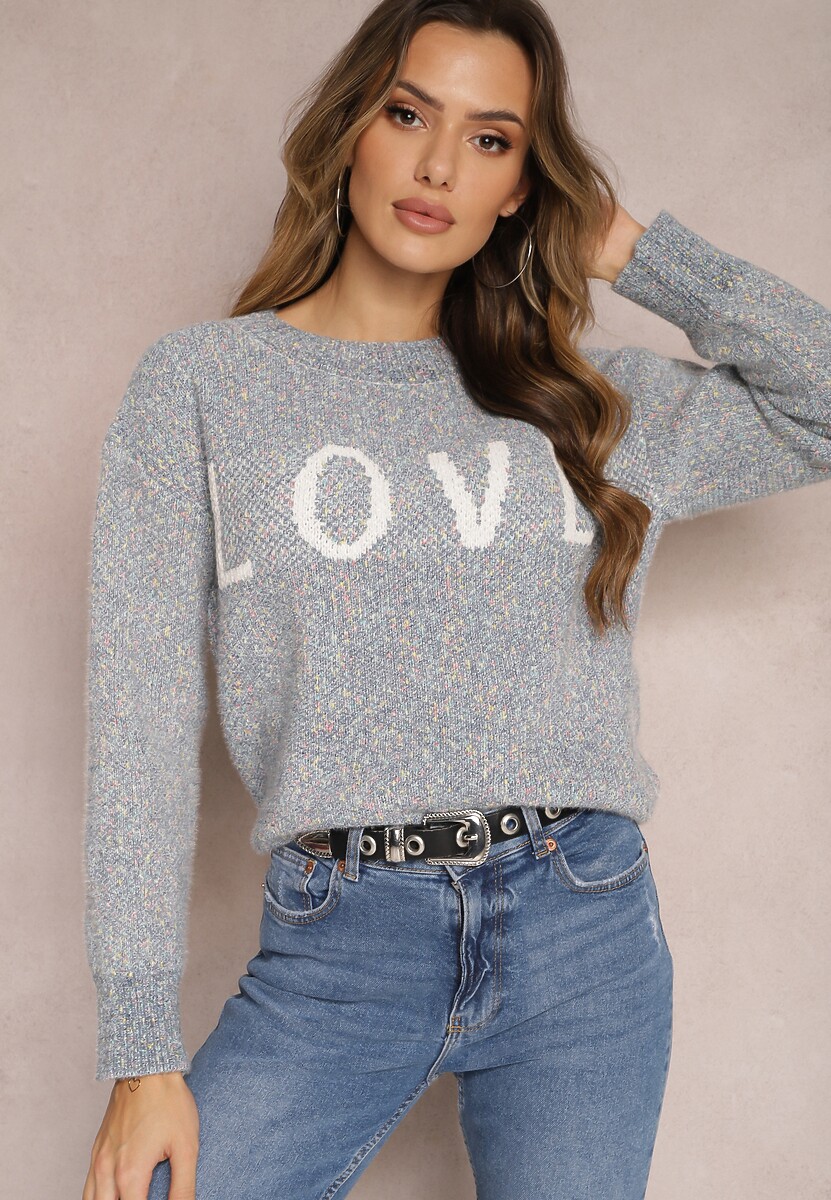 Granatowy Sweter z Ozdobnym Napisem Wykończony Ściągaczami Minisoji