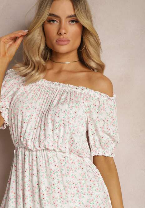 Biała Wiskozowa Sukienka Midi w Kwiatowy Wzór z Hiszpańskim Dekoltem Agirala