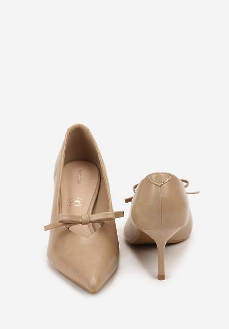 Ciemnobeżowe Czółenka na Szpilce Vices z Kokardą i Wkładką ze Skóry Naturalnej Rilanisse