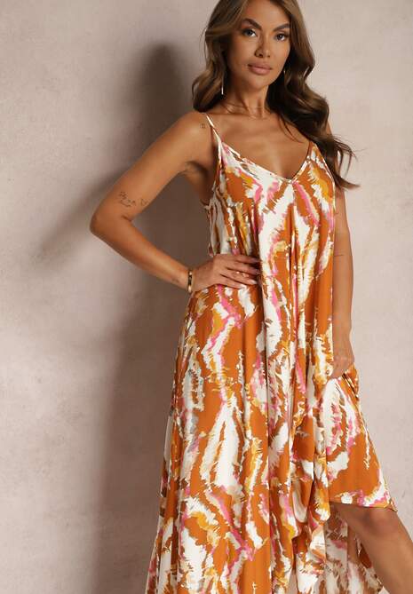 Brązowa Wiskozowa Sukienka o Rozkloszowanym Kroju na Ramiączkach Risaletti