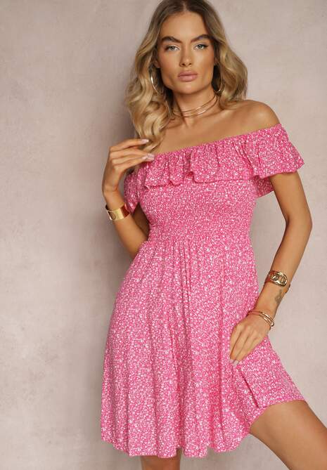 Fuksjowa Kwiecista Sukienka Hiszpanka z Bawełny z Gumką w Pasie Nevima
