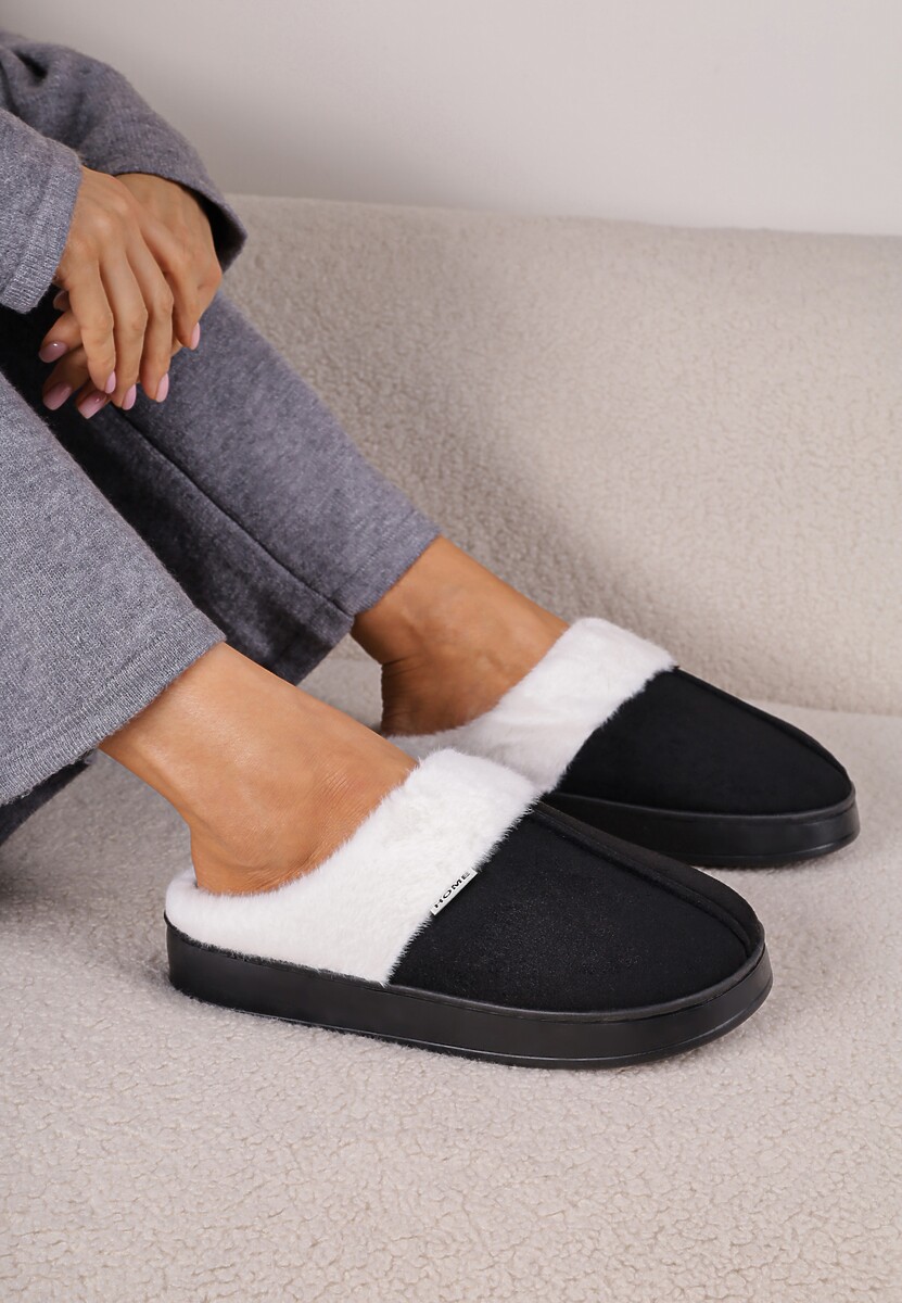 Czarne Klasyczne Kapcie Vices z Ozdobnym Futrem Eleahilde