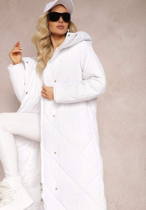Biała Pikowana Kurtka Płaszcz za Kolano z Kapturem Kinassan