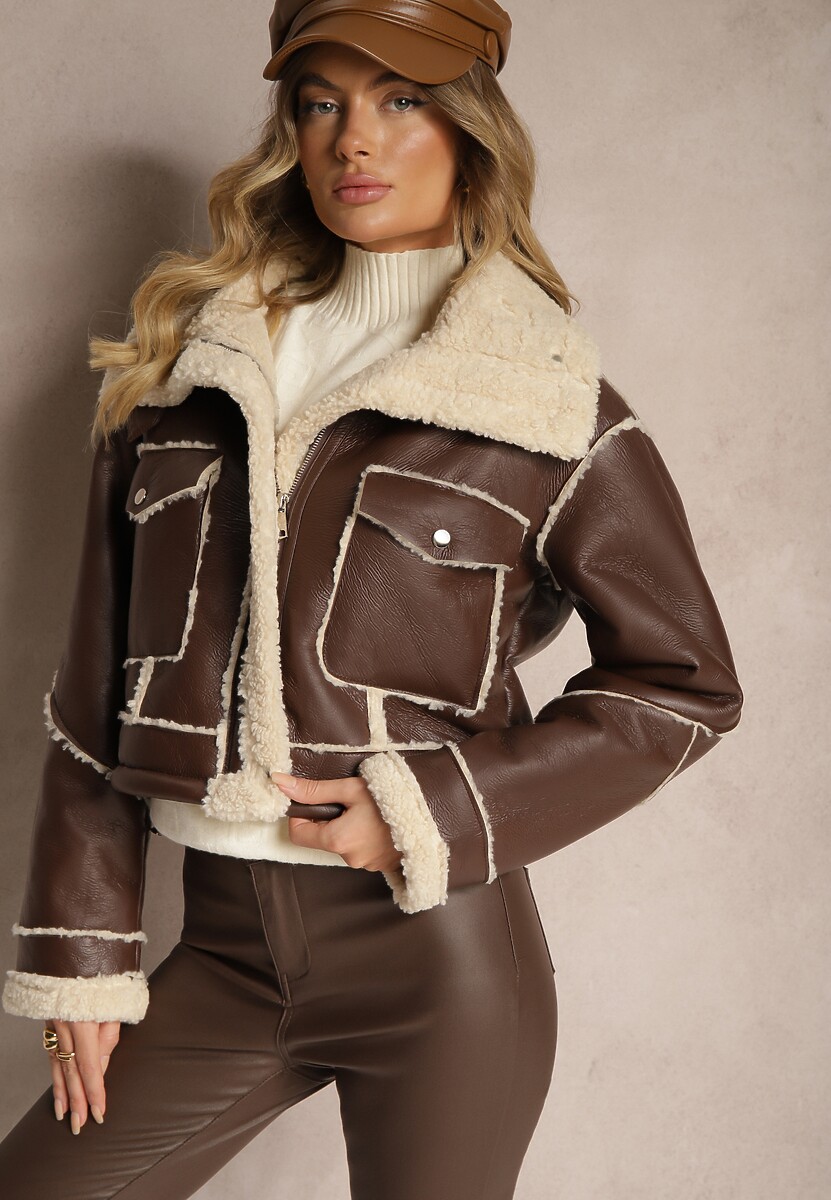 Brązowa Kurtka Typu Biker o Krótkim Kroju z Kołnierzem i Kieszeniami Naonellea