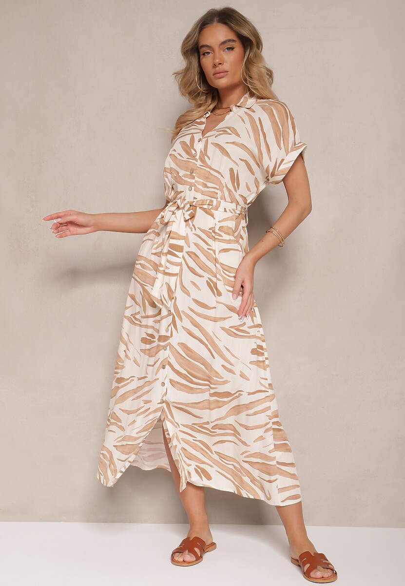 Jasnobeżowa Bawełniana Sukienka w Zebrę o Koszulowym Kroju z Wiązanym Paskiem Florloti