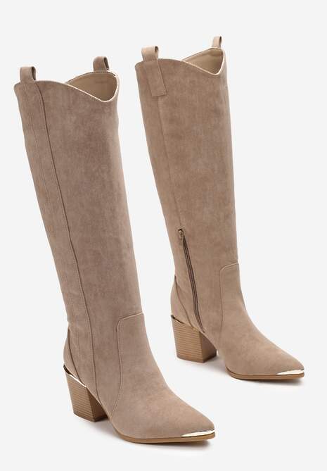 Ciemnobeżowe Kozaki Kowbojki przed Kolano z Metalicznym Noskiem Caspianna