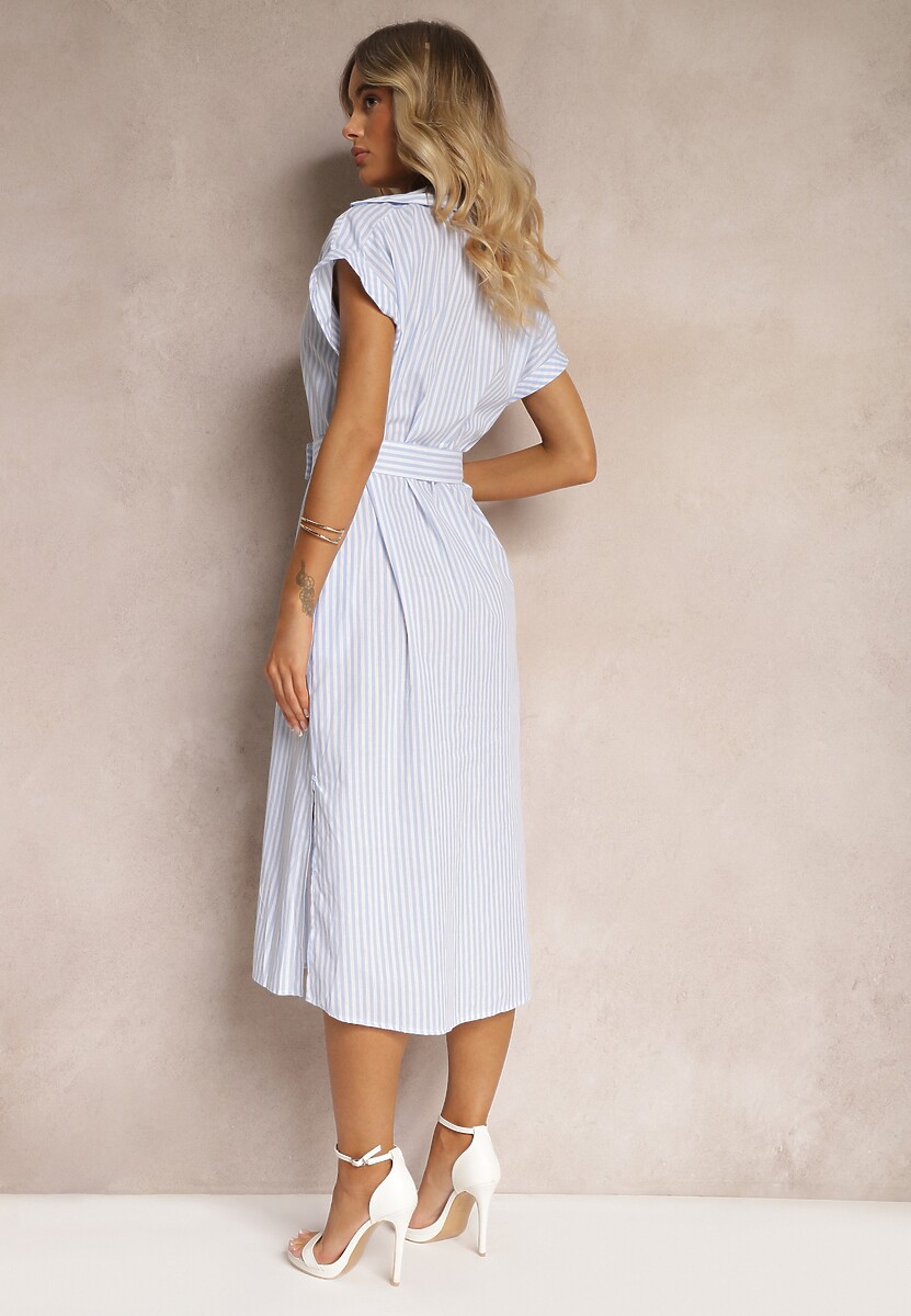 Niebieska Koszulowa Sukienka z Bawełny z Paskiem w Talii Nelassia