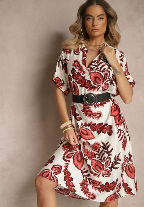 Bordowa Sukienka z Lnem i Wiskozą w Etniczne Kwiaty o Pudełkowym Kroju Natireia