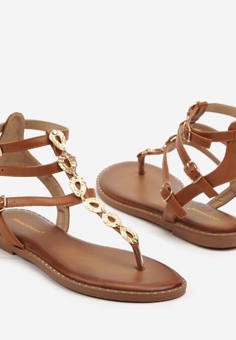Jasnobrązowe Sandały Rzymianki Ozdobione Metalicznymi Aplikacjami Ciarivra
