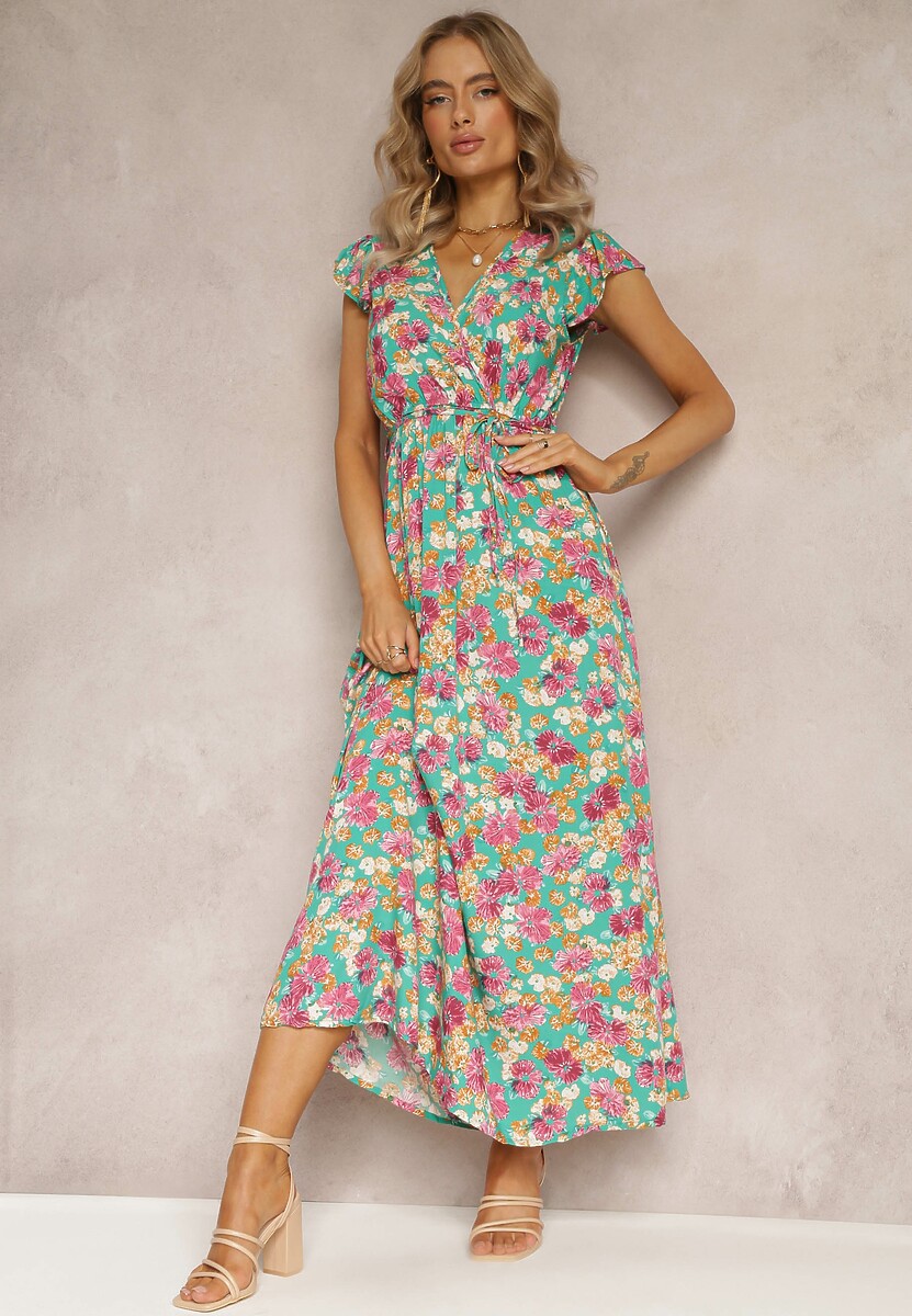 Zielona Rozkloszowana Sukienka z Wiskozy w Kwiaty z Gumką w Talii Omella
