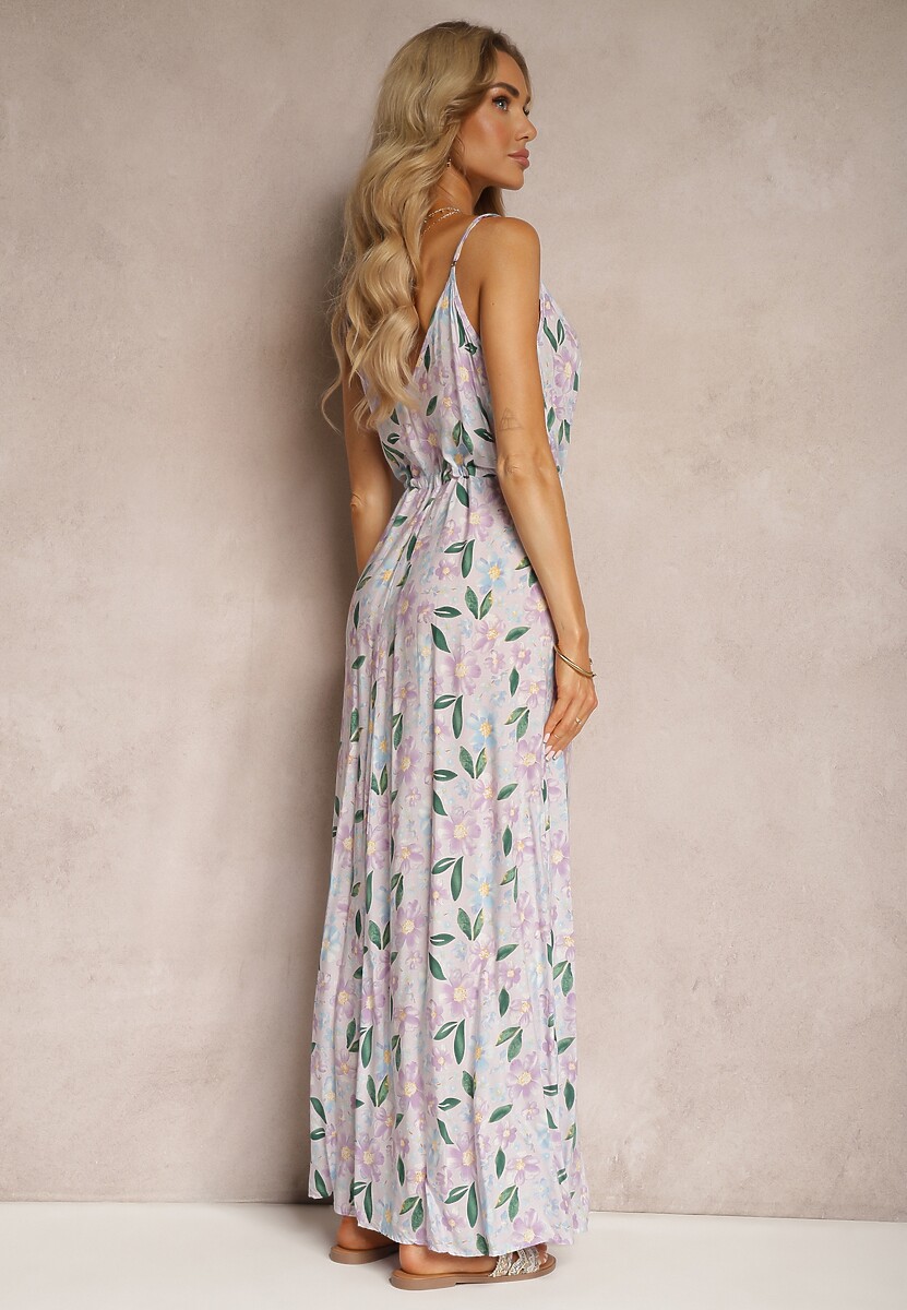 Fioletowa Wiskozowa Sukienka ze Ściągaczem na Regulowanych Ramiączkach w Kwiaty Abcolia