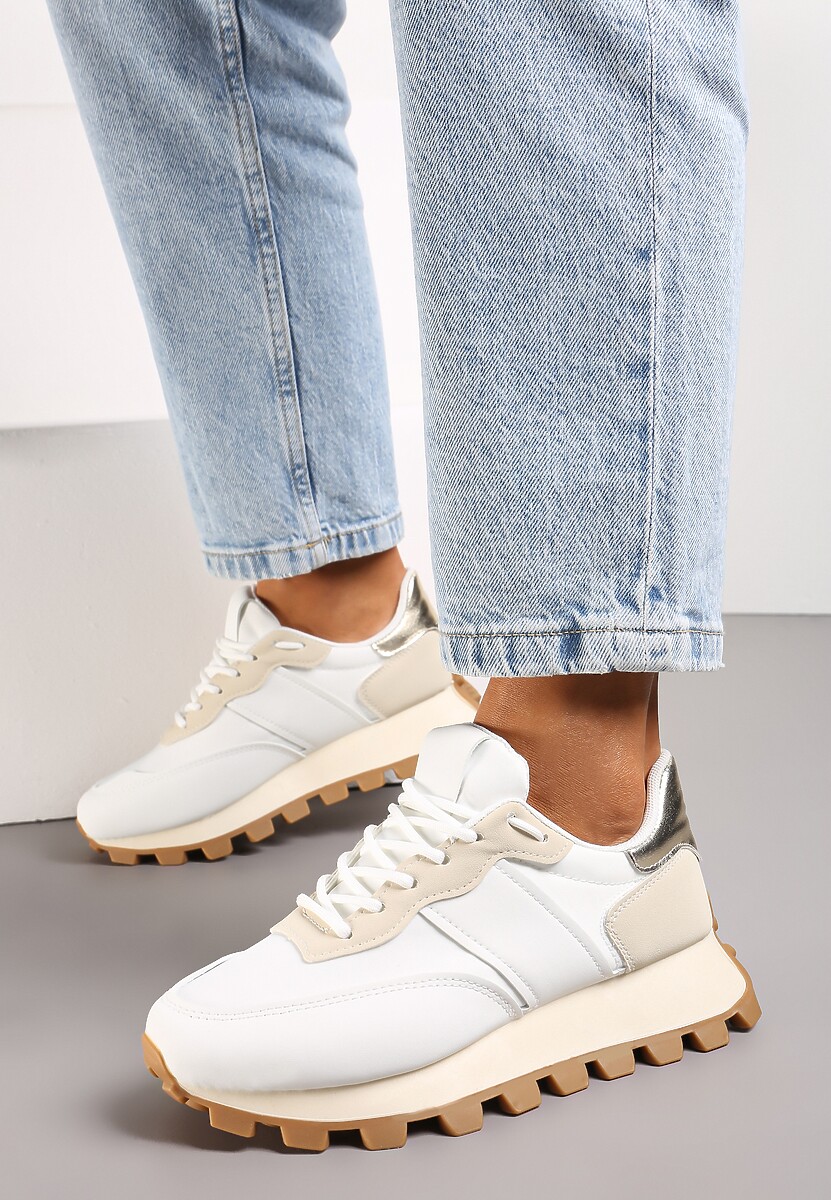 Biało-Beżowe Sneakersy z Przeszyciami na Grubej Podeszwie ze Żłobieniem Vetilassa