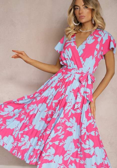 Różowo-Niebieska Kopertowa Plisowana Sukienka Koktajlowa z Gumką i Paskiem w Talii Benelsea
