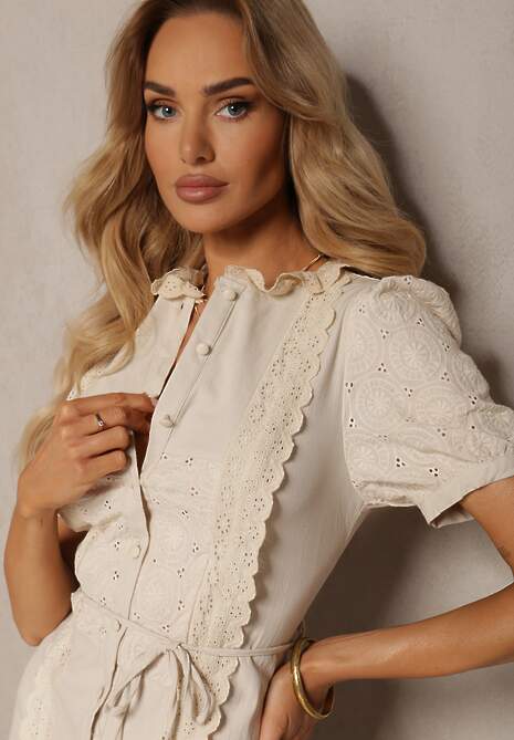 Jasnobeżowa Bawełniana Sukienka z Paskiem Ozdobiona Koronką Virona