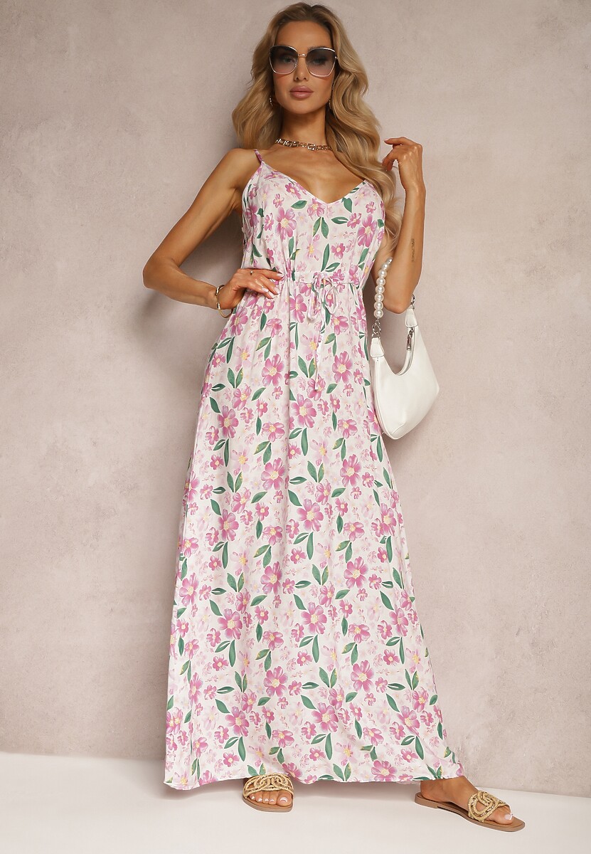 Jasnozielona Wiskozowa Sukienka ze Ściągaczem na Regulowanych Ramiączkach w Kwiaty Abcolia