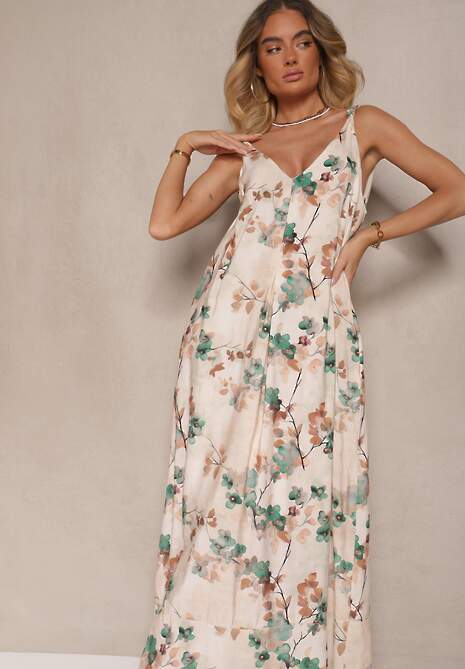 Beżowo-Zielona Rozkloszowana Sukienka na Ramiączkach z Wiskozą w Kwiatowy Wzór Jenariona