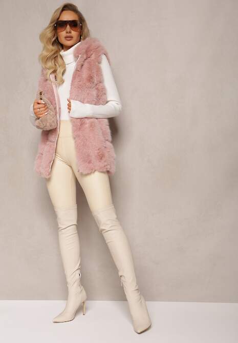 Różowa Futrzana Kamizelka z Kapturem Konessa