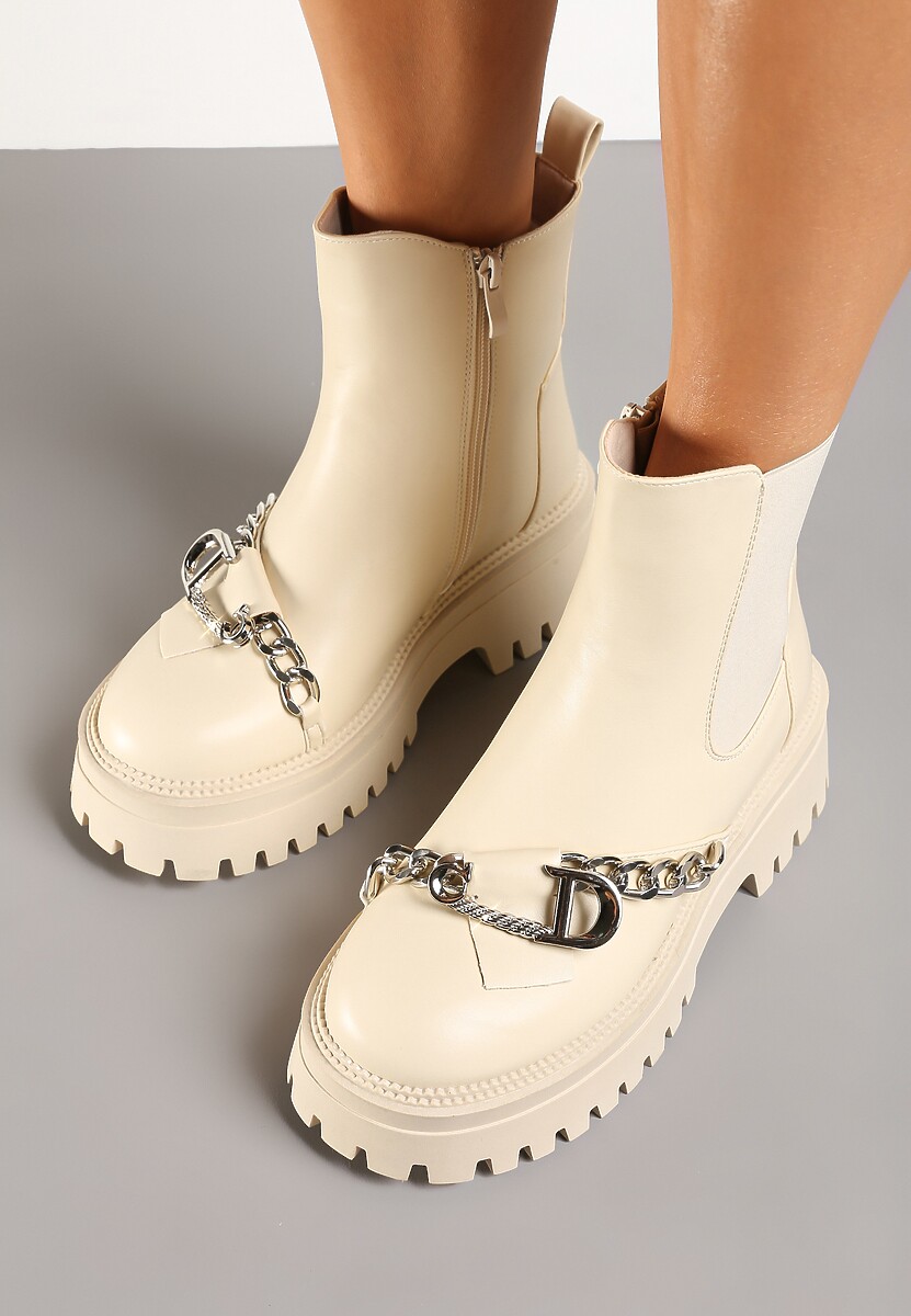 Beżowe Botki na Platformie w Stylu Sztybletów Ozdobione z Przodu Łańcuchem Tinarelle