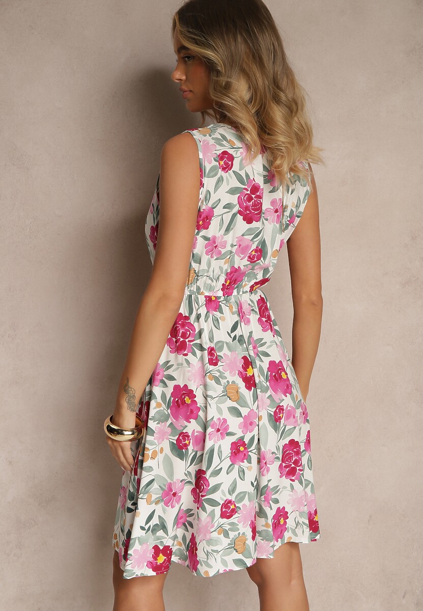 Różowa Kopertowa Sukienka z Bawełną w Kwiaty Lumareise