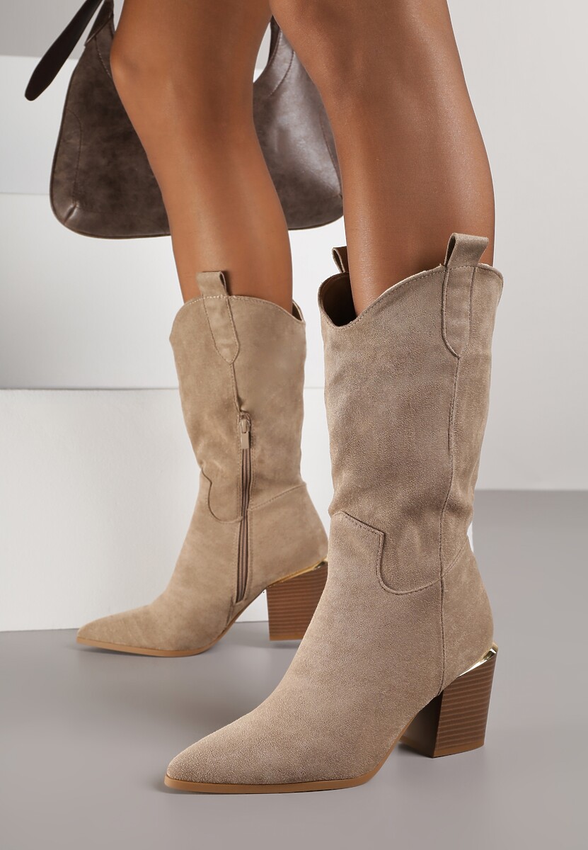 Ciemnobeżowe Botki w Stylu Kowbojek na Obcasie z Długą Cholewką Mabilla