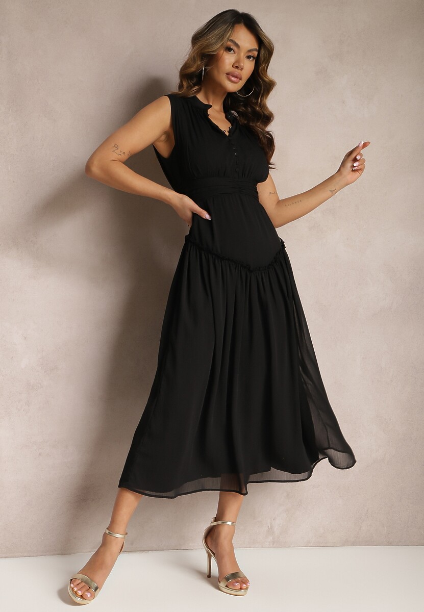 Czarna Rozkloszowana Sukienka Długa z Guzikami o Taliowanym Fasonie Jovitta