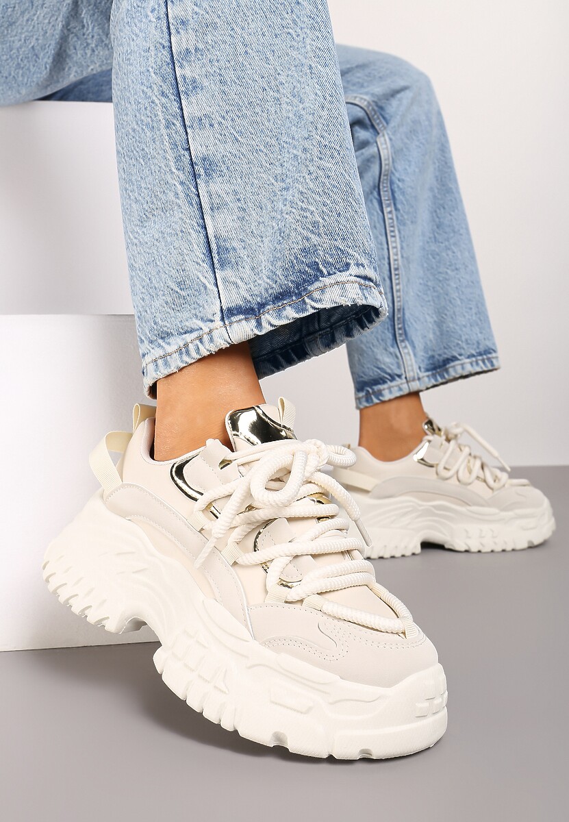 Ciemnobeżowe Sneakersy z Podwójnymi Sznurówkami i Tłoczoną Platformą Luppoa