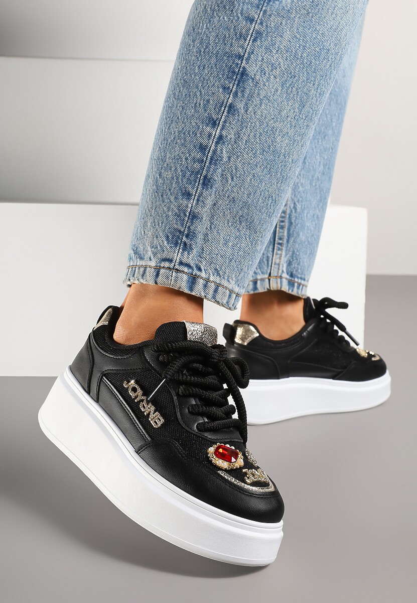 Czarne Sneakersy na Grubej Podeszwie z Cyrkoniami i Brokatem Falissa