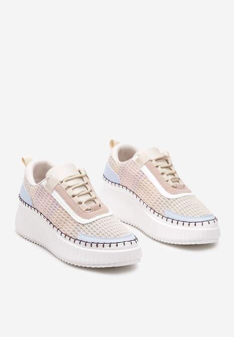 Beżowo-Niebieskie Sznurowane Sneakersy na Grubej Podeszwie do Kostki Pasapia