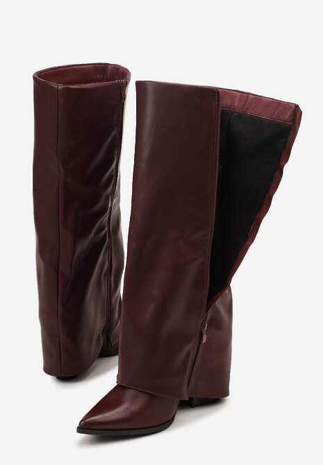 Bordowe Kozaki Kowbojki na Stożkowym Obcasie Ozdobione Wywiniętą Cholewką Nalunisa