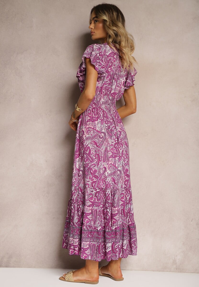 Fioletowa Bawełniana Sukienka Paisley z Kopertowym Dekoltem z Falbaną i Gumką w Talii Brionea
