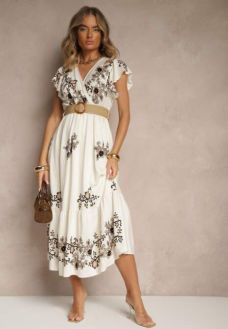 Biało-Czarna Kopertowa Sukienka z Wiskozy Ozdobiona Haftem i Paskiem Nilatea