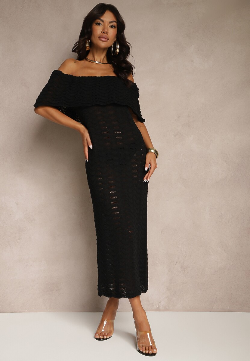 Czarna Sukienka Hiszpanka z Ażurowej Tkaniny z Ozdobnym Dekoltem Filadella