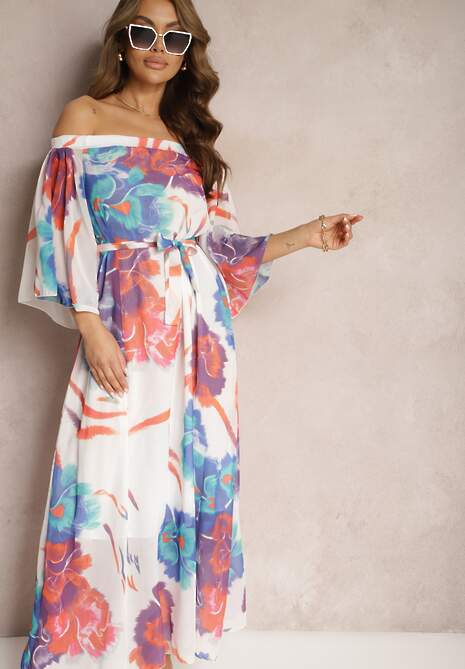 Biało-Różowa Trapezowa Sukienka z Paskiem o Rozkloszowanym Kroju Nellaopa