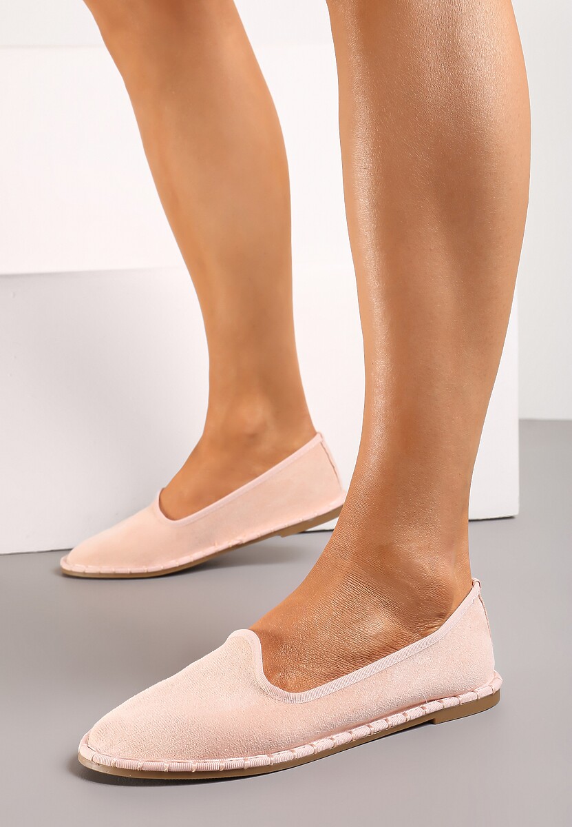 Różowe Materiałowe Balerinki na Płaskim Obcasie z Okrągłym Noskiem Apreseha