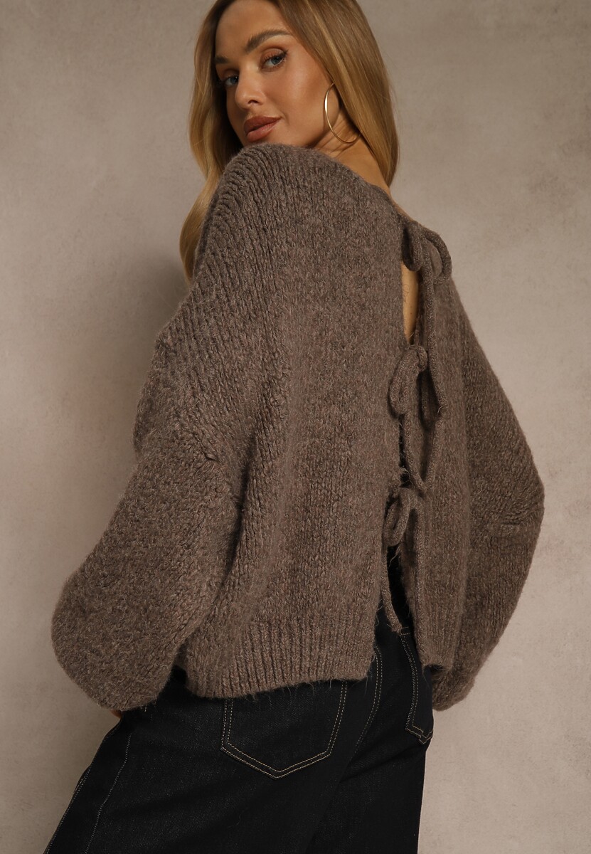 Jasnobrązowy Kardigan z Wełną o Kroju Oversize z Wiązanymi Kokardami Elearina