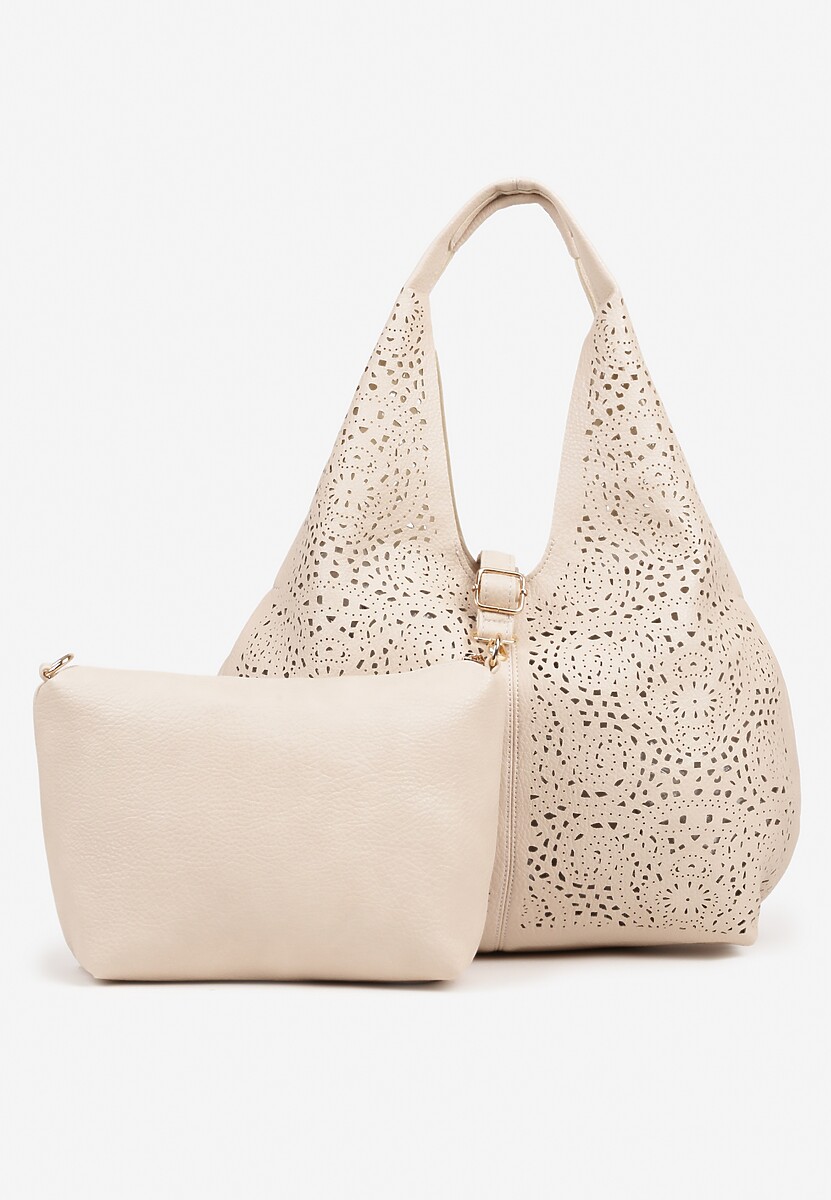 Beżowa Torebka Hobo Zdobiona Ażurową Perforacją z Dodatkową Saszetką Frolana