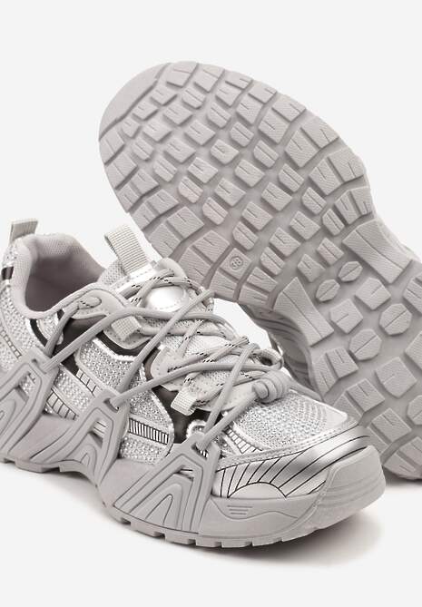 Srebrne Sneakersy na Platformie z Geometrycznym Wzorem Eledisa