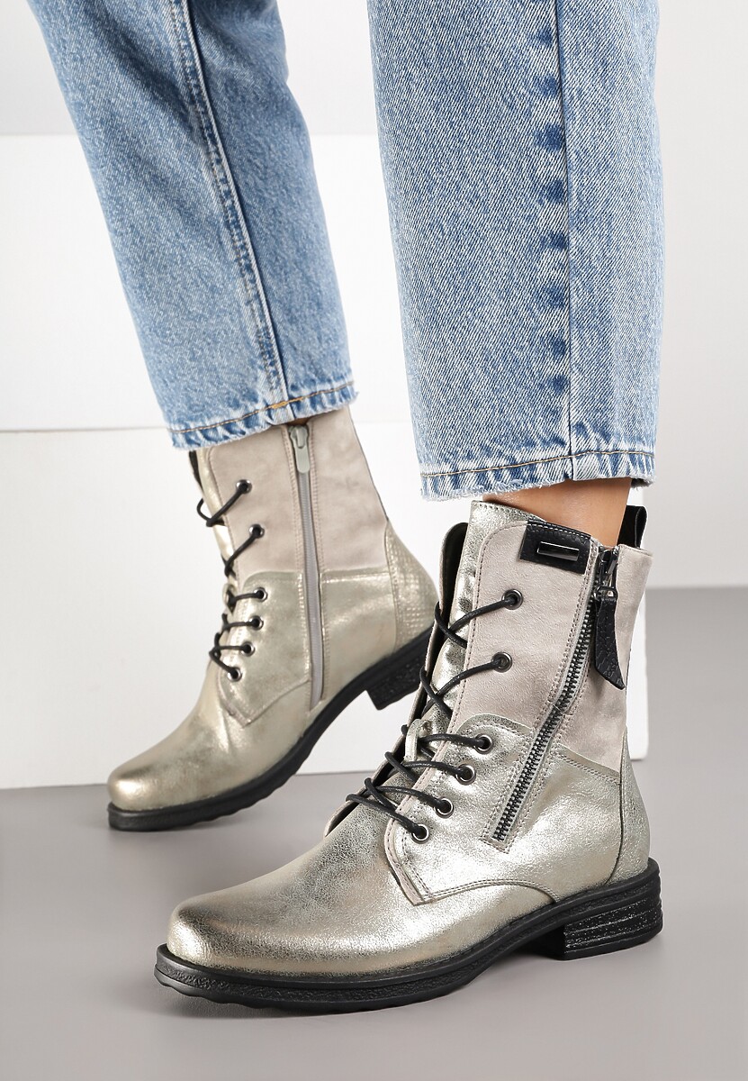 Złote Botki w Stylu Vintage ze Sznurowaniem Vemlora