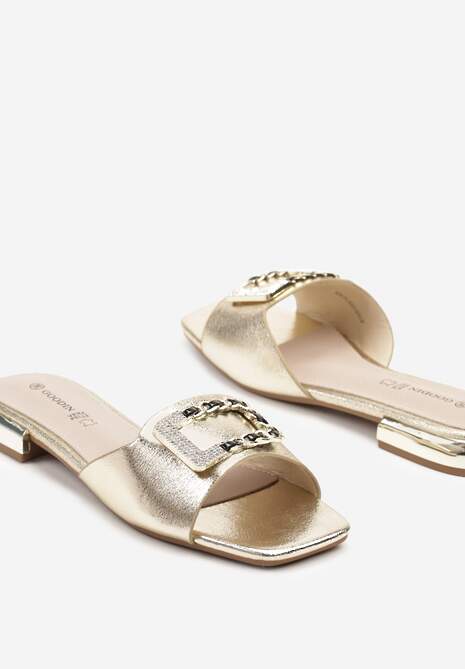 Złote Klapki z Wkładką ze Skóry Naturalnej z Cyrkoniową Aplikacją Efaliora