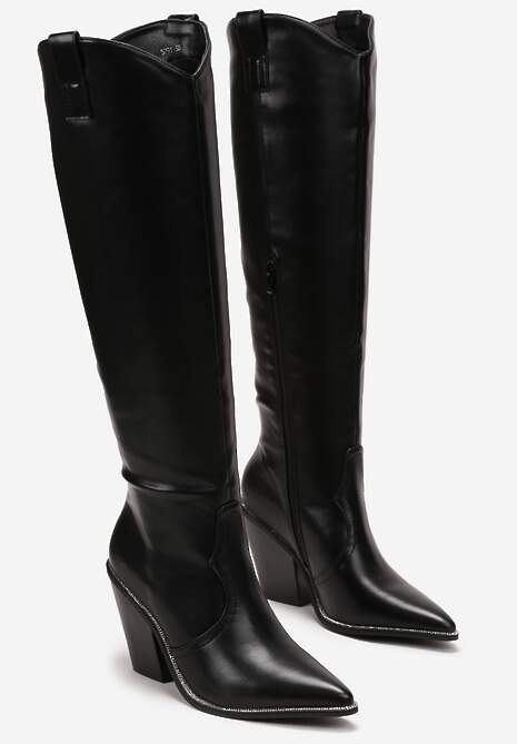 Czarne Kozaki Kowbojki do Kolana na Stożku z Drobnymi Cyrkoniami Nimai