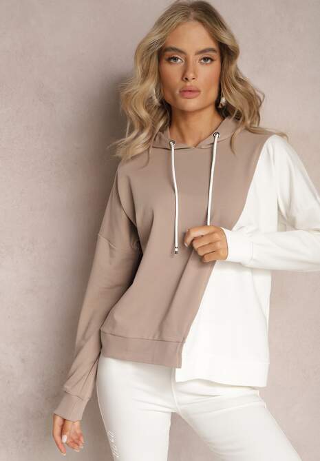 Beżowa Bawełniana Bluza z Kapturem i Ściągaczami Ardente