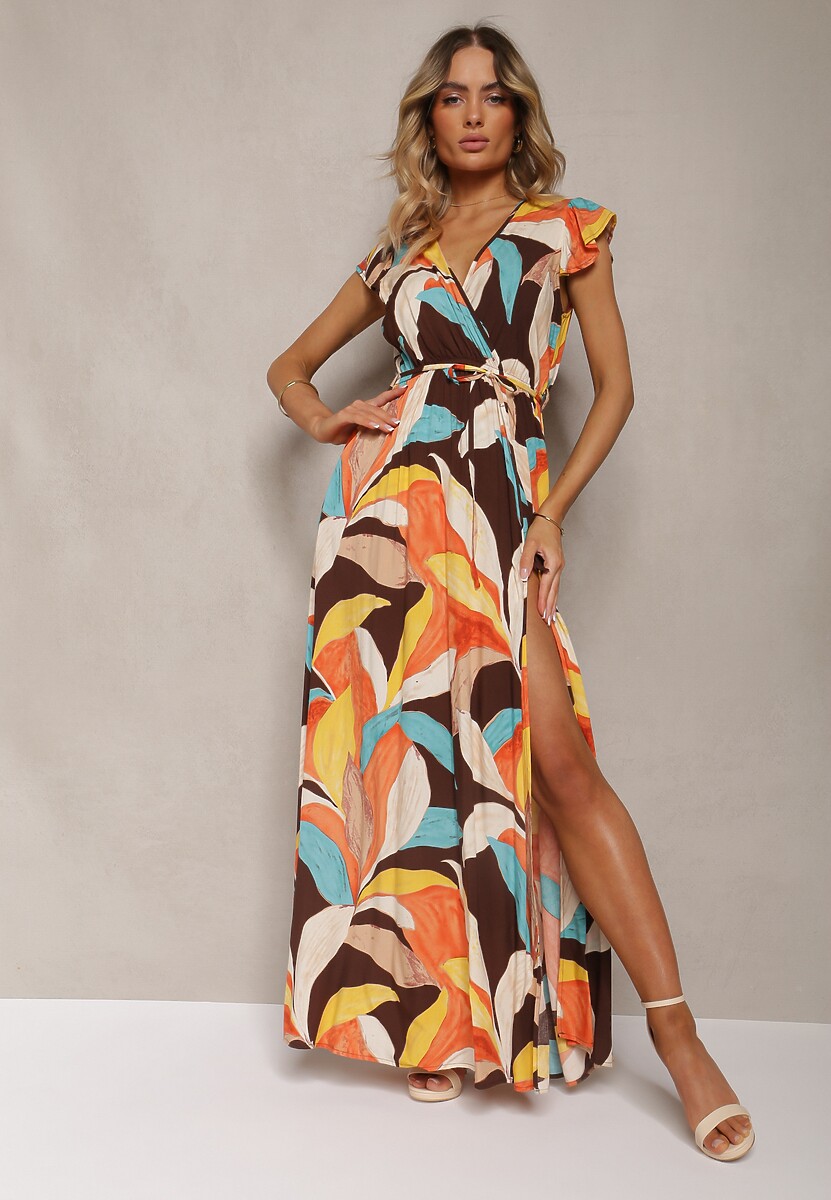 Pomarańczowa Kopertowa Sukienka z Gumką w Talii i Materiałowym Paskiem Ozdobiona Rozcięciem Eletta