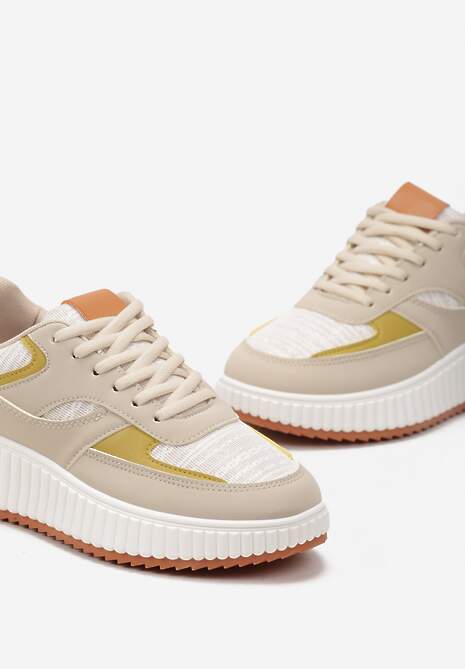 Beżowe Sneakersy na Ozdobnej Grubej podeszwie z Brokatem Gelnia