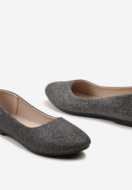 Czarne  Brokatowe Balerinki na Płaskiej Podeszwie Uarneli